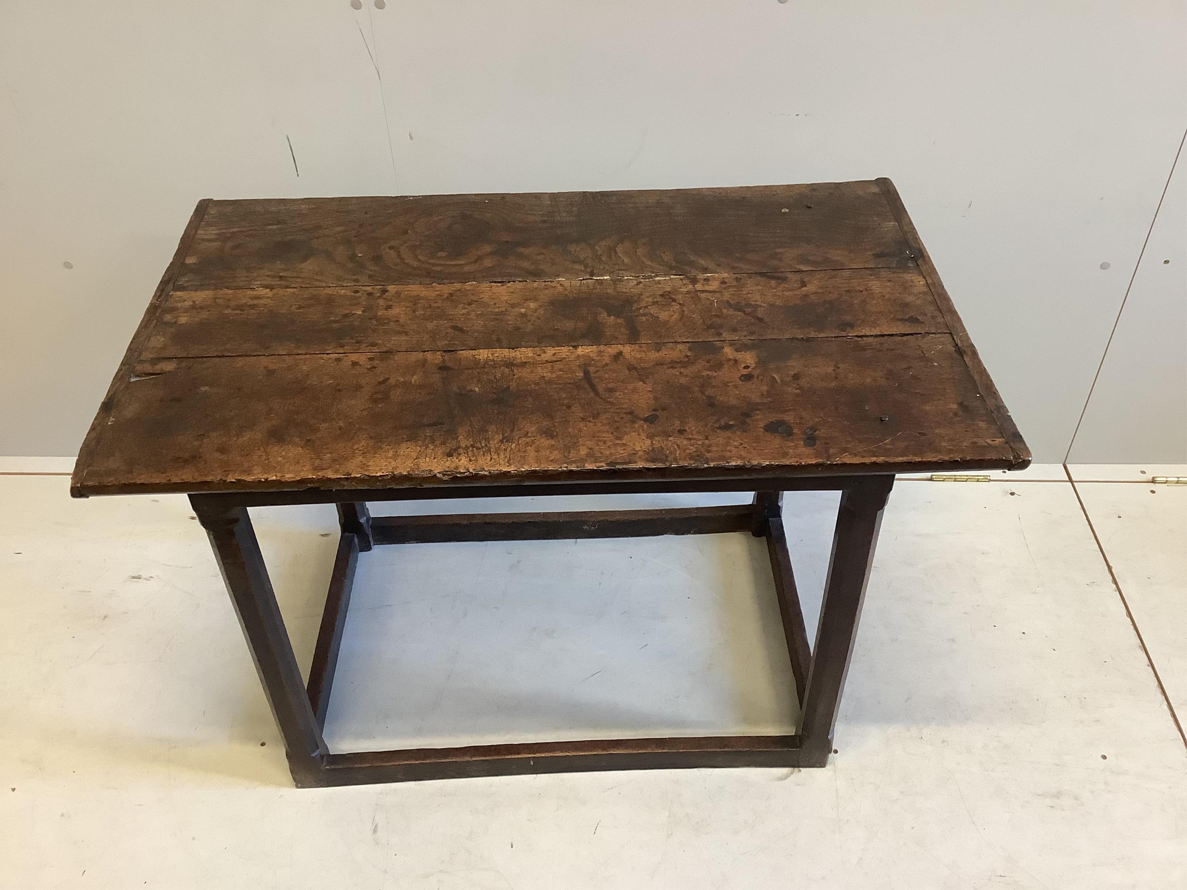 A 17th century and later rectangular oak side table, width 101cm, depth 60cm, height 68cm. Condition - fair